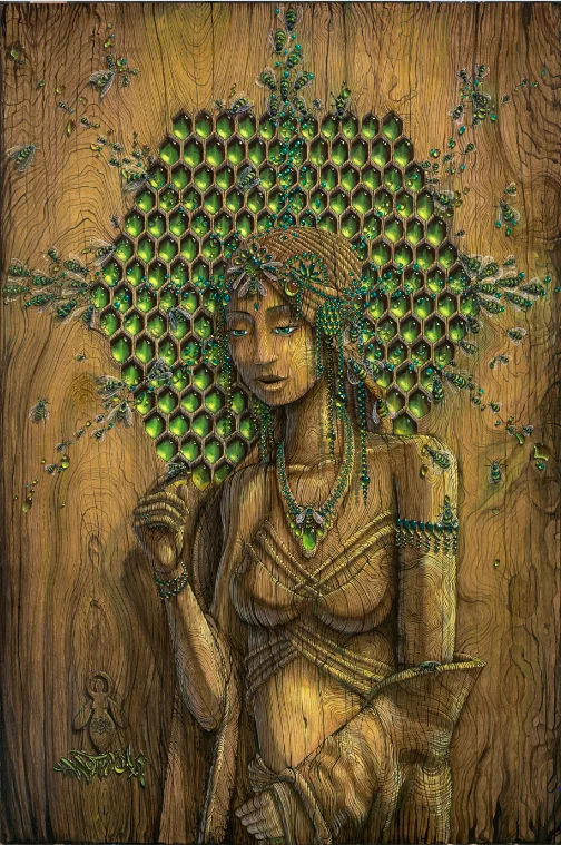 Original wood-grain portrait artwork by Derek Notes Leitch